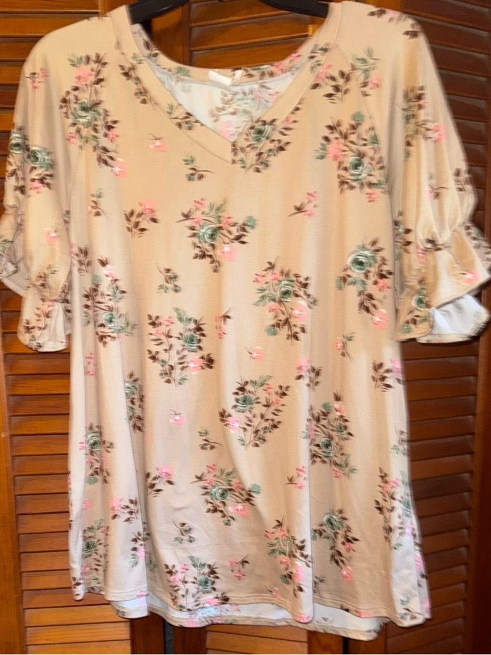 Honeyme Beige Floral V-Neck Tunic with Pink & Green Accents
